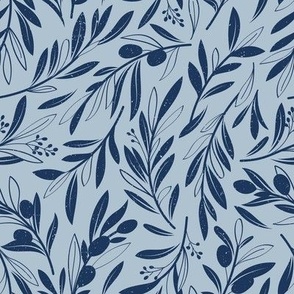 Small scale // Peaceful olive branches // pastel blue background navy blue olive tree leaves and olives