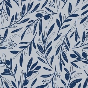 Small scale // Peaceful olive branches // light grey background navy blue olive tree leaves and olives