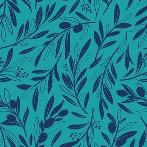 Small scale // Peaceful olive branches // peacock background navy blue olive tree leaves and olives