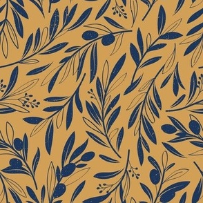 Small scale // Peaceful olive branches // rob roy yellow background navy blue olive tree leaves and olives