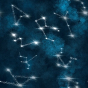 constellations and stars on a background of blue nebula seamless pattern