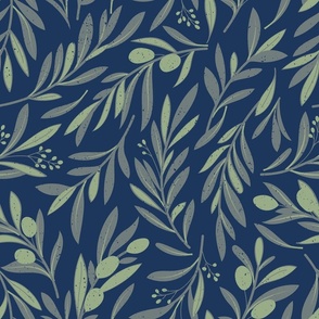Normal scale // Peaceful olive branches // navy background green grey and sage green olive tree leaves and olives