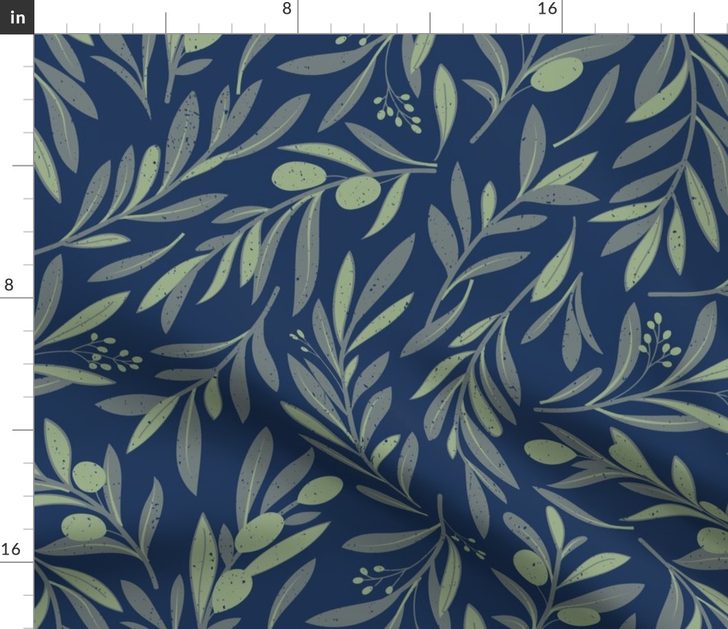 Normal scale // Peaceful olive branches // navy background green grey and sage green olive tree leaves and olives