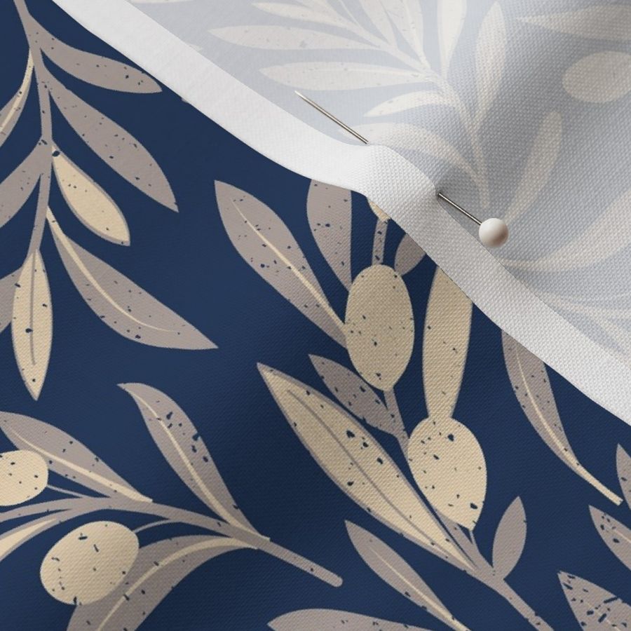 Small scale // Peaceful olive branches // navy background martini brown and ivory olive tree leaves and olives