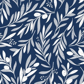 Normal scale // Peaceful olive branches // navy background light grey and white olive tree leaves and olives