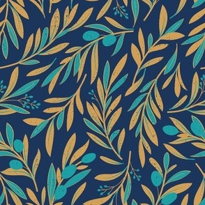 Small scale // Peaceful olive branches // navy background peacock and rob roy yellow olive tree leaves and olives