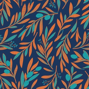 Normal scale // Peaceful olive branches // navy background peacock and gold drop orange olive tree leaves and olives