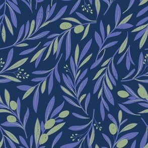 Normal scale // Peaceful olive branches // navy background very peri and sage green olive tree leaves and olives