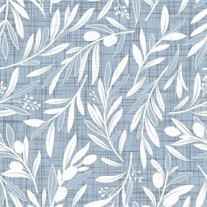 Small scale // Peaceful olive branches // pastel blue linen texture background white olive tree leaves and olives
