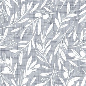 Small scale // Peaceful olive branches // light grey linen texture background white olive tree leaves and olives