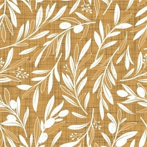 Small scale // Peaceful olive branches // rob roy yellow linen texture background white olive tree leaves and olives