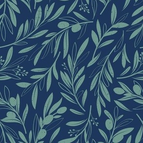 Small scale // Peaceful olive branches // navy blue background granny smith green olive tree leaves and olives