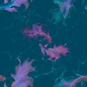 translucent purple fish in green water seamless pattern