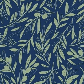 Small scale // Peaceful olive branches // navy blue background sage green olive tree leaves and olives