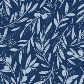 Small scale // Peaceful olive branches // navy blue background pastel blue olive tree leaves and olives