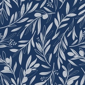 Small scale // Peaceful olive branches // navy blue background light grey olive tree leaves and olives