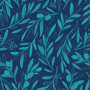Small scale // Peaceful olive branches // navy blue background peacock olive tree leaves and olives
