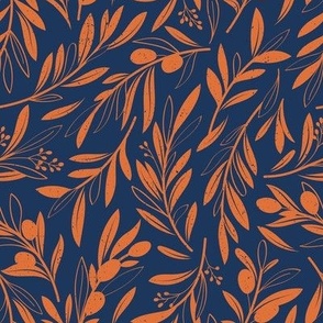 Small scale // Peaceful olive branches // navy blue background gold drop orange olive tree leaves and olives