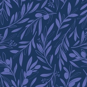 Small scale // Peaceful olive branches // navy blue background very peri olive tree leaves and olives