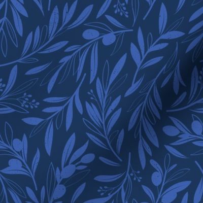 Small scale // Peaceful olive branches // navy blue background electric blue olive tree leaves and olives