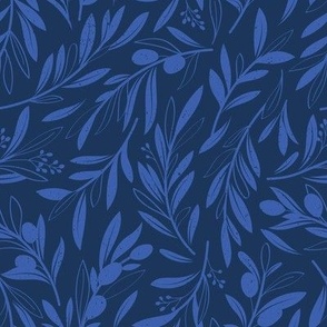 Small scale // Peaceful olive branches // navy blue background electric blue olive tree leaves and olives