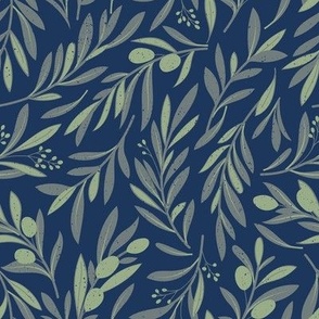 Small scale // Peaceful olive branches // navy background green grey and sage green olive tree leaves and olives