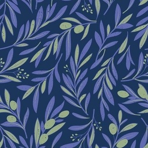 Small scale // Peaceful olive branches // navy background very peri and sage green olive tree leaves and olives