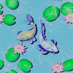 yellow and blue fish  in the water  lotus  water lily seamless pattern