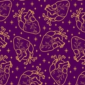 Anatomical Hearts and Stars Gold on Purple