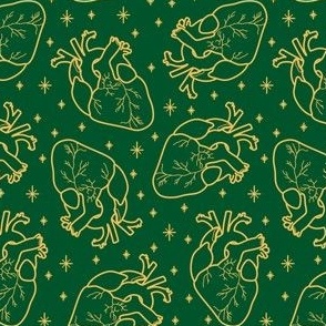 Anatomical Hearts and Stars Gold on Green