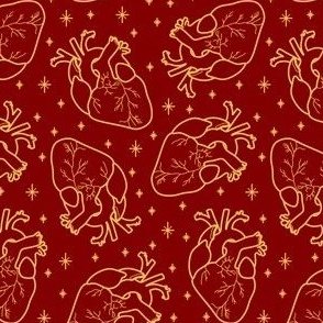 Anatomical Hearts and Stars Gold on Red