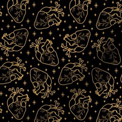 Anatomical Hearts and Stars Gold on Black