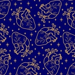 Anatomical Hearts and Stars Gold on Midnight Blue