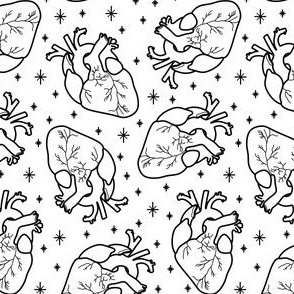 Anatomical Hearts and Stars Black on White