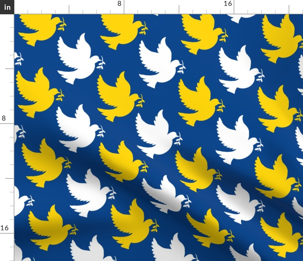 white and yellow peace doves on blue | medium