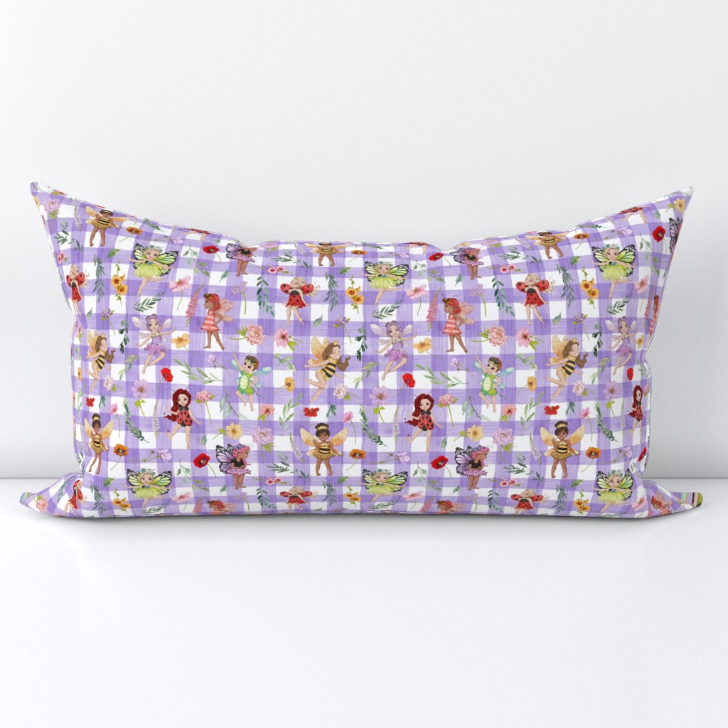 small scale all bugs floral purple gingham