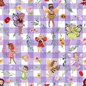 small scale all bugs floral purple gingham