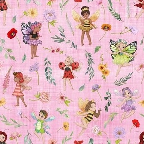 small scale all bugs floral pink linen