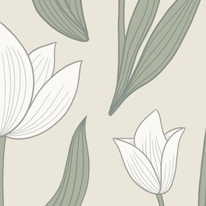Tulip Botanical Symmetry - white on  soft Cream - Large