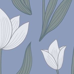 Tulip Botanical Symmetry - white on  soft Cornflower blue - Large scale