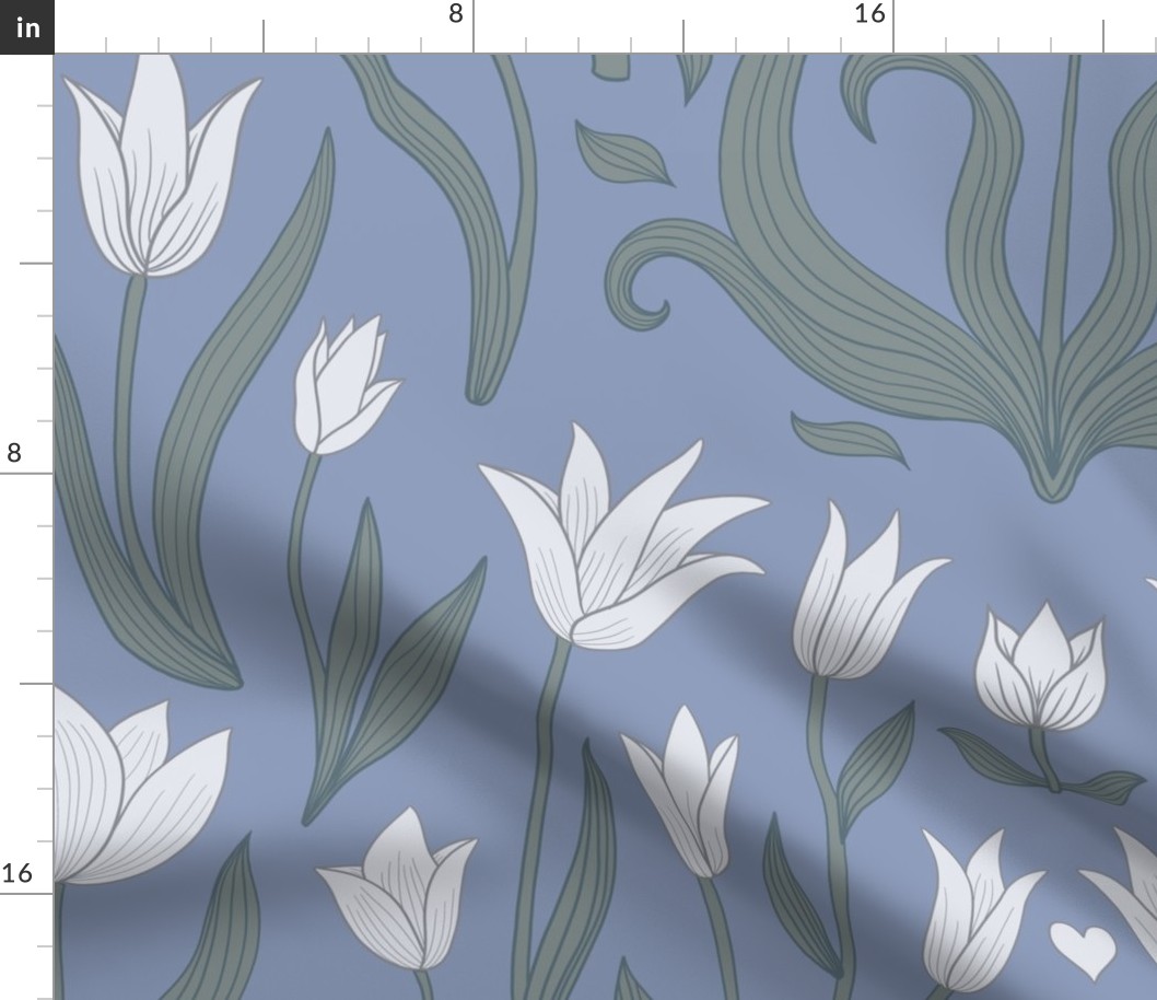 Tulip Botanical Symmetry - white on  soft Cornflower blue - Large scale
