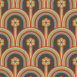 Colors of the Rainbow Mid-Century Modern Scandi Folk Floral in Retro Colours on Brown - MEDIUM Scale - UnBlink Studio by Jackie Tahara