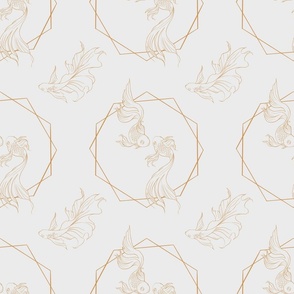 golden fish on white background with hexagon seamless pattern