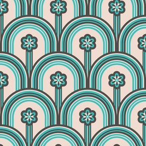Colors of the Rainbow Mid-Century Modern Scandi Folk Floral in Retro Colours of Turquoise Aqua Brown Cream - MEDIUM Scale - UnBlink Studio by Jackie Tahara