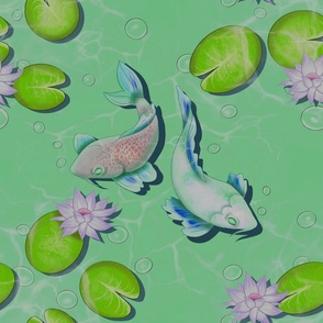 green and white fish in green water lotus  water lily seamless pattern