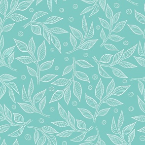 white leafs on turquoise background seamless pattern