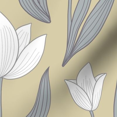Tulip Botanical Symmetry - silver and white on  soft Oatmeal