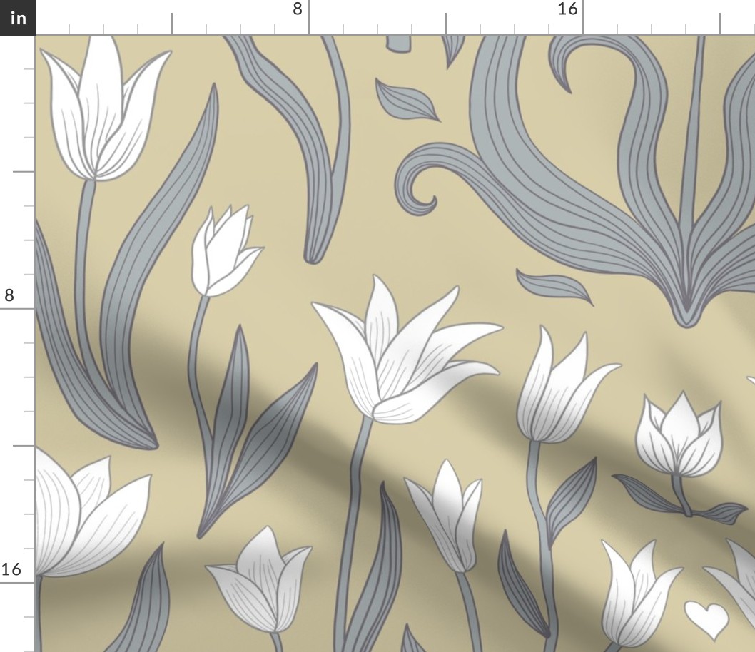 Tulip Botanical Symmetry - silver and white on  soft Oatmeal