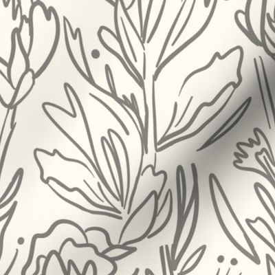 Floral Linework - Large Scale - Cream and Gray