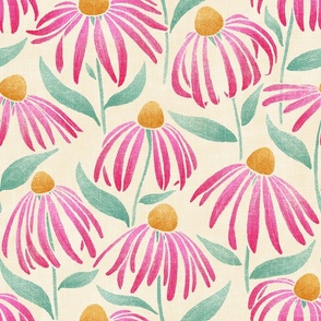 Coneflower Meadow - extra large - pink, teal, and gold on cream